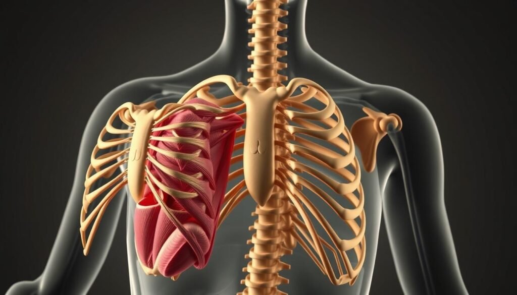 A detailed anatomical illustration depicting the intricate mechanisms behind posture-related chest pain. Centered in the foreground, a cross-sectional view of the thoracic region showcases the interconnected musculature, skeletal structures, and nerves that can become strained or compressed due to poor posture. The middle ground highlights the complex spinal alignment, highlighting vertebral displacement and misalignment that can lead to pinched nerves and restricted mobility. In the background, a subtle, muted color palette emphasizes the seriousness and technical nature of the subject matter, while soft, directional lighting casts shadows that accentuate the three-dimensional depth and anatomical details. The overall mood is one of scientific precision and clinical objectivity, conveying the importance of understanding the underlying physiology to address posture-related chest pain. A detailed anatomical illustration depicting the intricate mechanisms behind posture-related chest pain. Centered in the foreground, a cross-sectional view of the thoracic region showcases the interconnected musculature, skeletal structures, and nerves that can become strained or compressed due to poor posture. The middle ground highlights the complex spinal alignment, highlighting vertebral displacement and misalignment that can lead to pinched nerves and restricted mobility. In the background, a subtle, muted color palette emphasizes the seriousness and technical nature of the subject matter, while soft, directional lighting casts shadows that accentuate the three-dimensional depth and anatomical details. The overall mood is one of scientific precision and clinical objectivity, conveying the importance of understanding the underlying physiology to address posture-related chest pain.