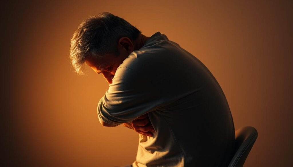 A middle-aged person sitting with a hunched back, shoulders slumped forward, and an expression of discomfort or pain on their face. The figure is set against a dimly lit, neutral background, with soft, warm lighting from the side, casting shadows that highlight the unnatural posture. The scene conveys a sense of tension and strain, emphasizing the potential physical consequences of poor posture over an extended period. A middle-aged person sitting with a hunched back, shoulders slumped forward, and an expression of discomfort or pain on their face. The figure is set against a dimly lit, neutral background, with soft, warm lighting from the side, casting shadows that highlight the unnatural posture. The scene conveys a sense of tension and strain, emphasizing the potential physical consequences of poor posture over an extended period.