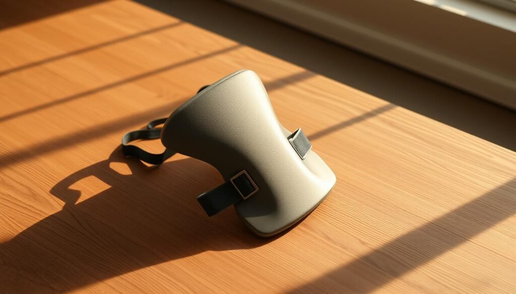 A sleek, modern posture alignment device resting on a minimalist wooden surface, bathed in warm, natural lighting. The device features a contoured back support and adjustable straps, designed to gently guide the user's spine into proper alignment. The clean, streamlined design reflects a high-quality, functional aesthetic, suitable for everyday use in the home or office. Soft shadows and highlights accentuate the device's form, conveying a sense of quality craftsmanship. The overall scene exudes a sense of calm, wellness, and effortless posture correction.