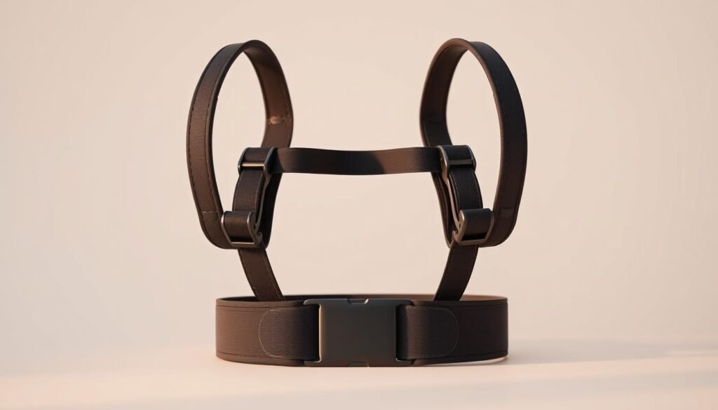 A well-designed, ergonomic posture corrector against a clean, minimalist background. The device is shown in the foreground, with a sleek, modern design and high-quality materials. The middle ground showcases the corrector's adjustable straps and support system, highlighting its customizable fit. The background is a simple, neutral color that allows the product to stand out. The lighting is soft and diffused, creating a warm, natural atmosphere that emphasizes the corrector's quality and effectiveness. The camera angle is slightly angled, giving a professional and dynamic perspective. Overall, the image conveys the top-rated posture corrector's ability to improve one's posture effortlessly.